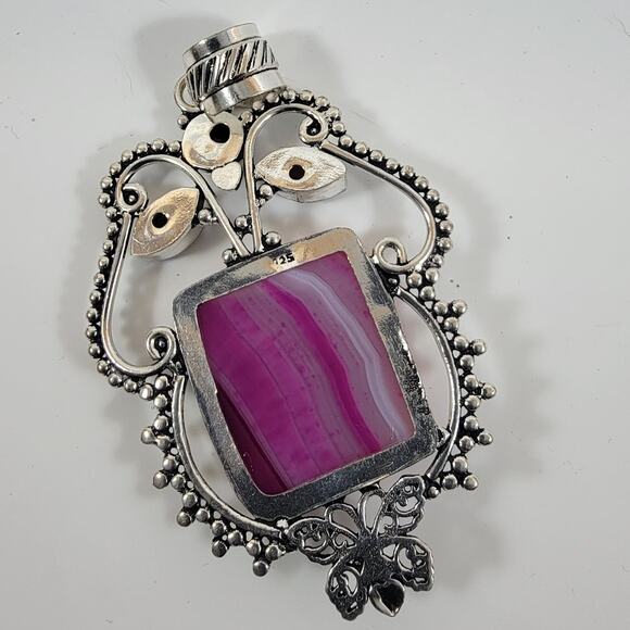 Handmade Silver Pendant Necklace with Pink Banded Agate & Garnet Accents - Picture 7 of 10